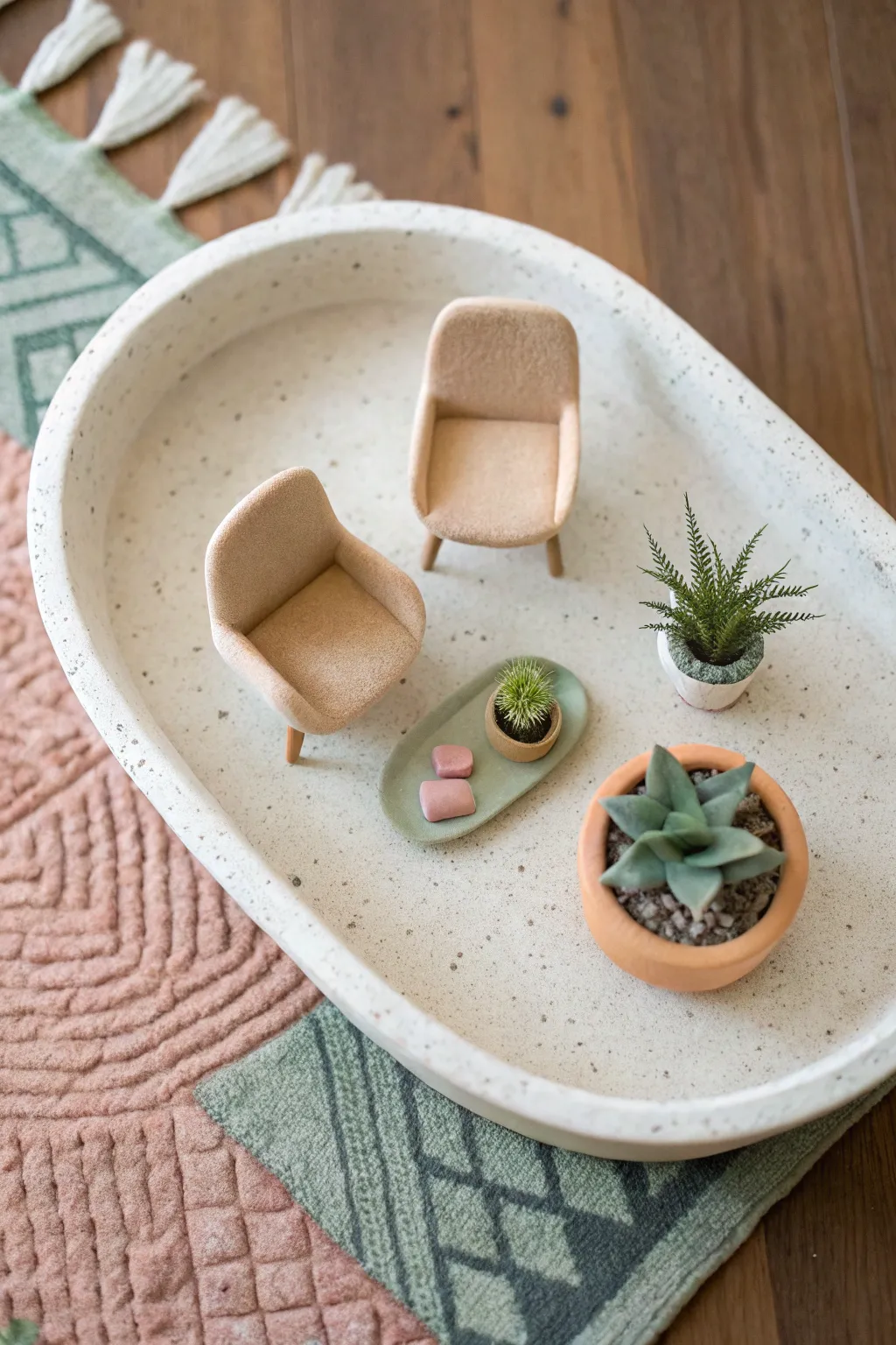 Tiny clay room scene tray in soft neutrals, an easy diorama idea with cozy minimalist charm
