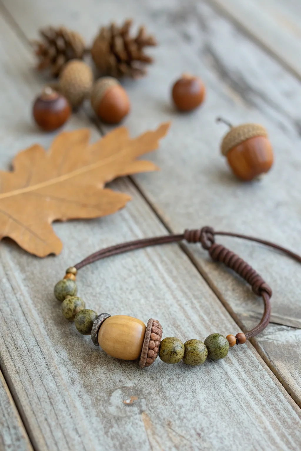 Woodland acorn bracelet with brown and olive heishis for an effortless cozy fall look