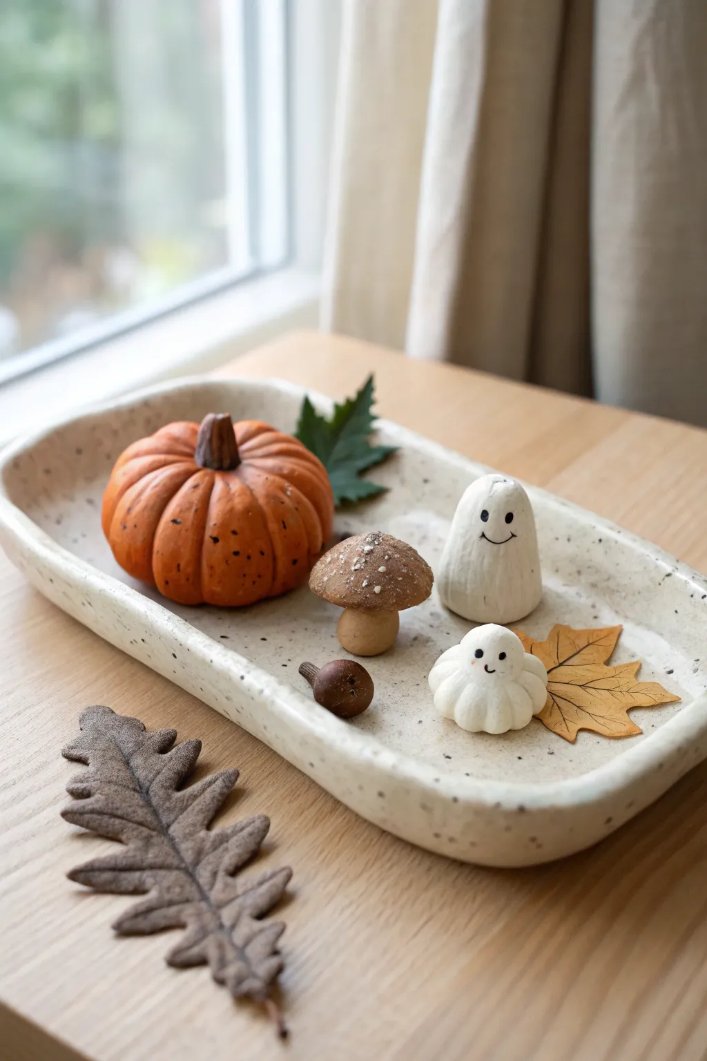 Little woodland tray with pumpkin, leaf, mushroom and ghost, cozy matte fall tones