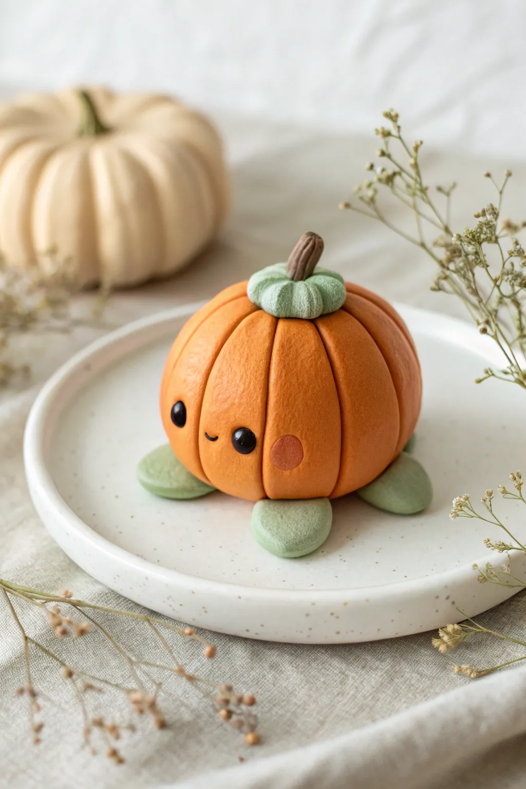 Kawaii pumpkin turtle clay figurine for a cute minimalist Halloween shelf moment in soft neutrals
