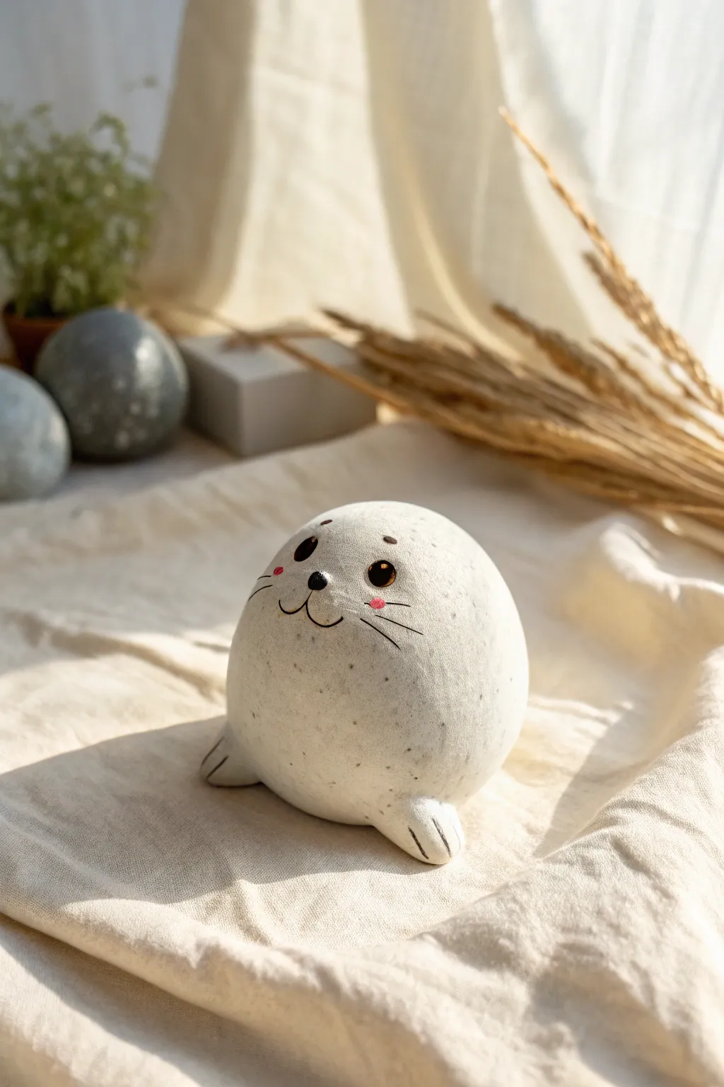 Plush-inspired chubby clay seal in soft pastels, a minimalist critter you can make at home