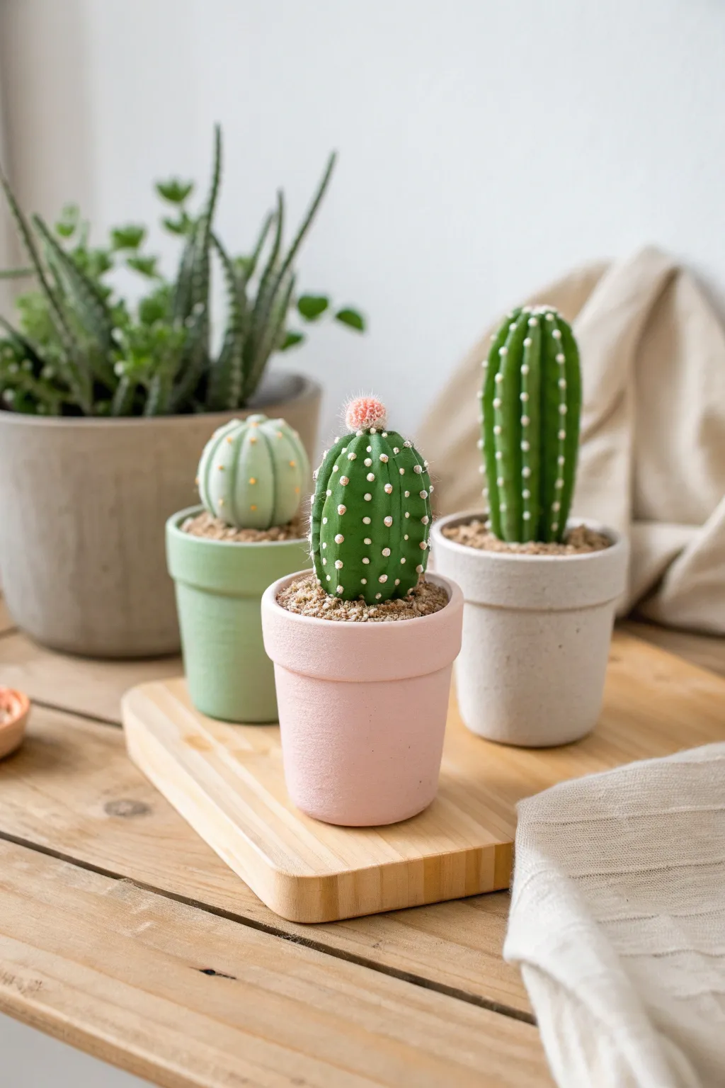 A sweet trio of pastel clay desk cacti for tidy, cheerful decor with minimalist charm.