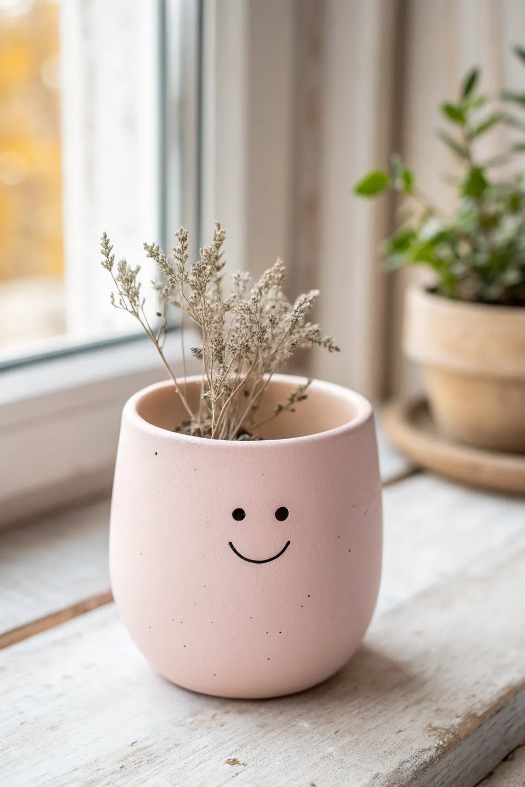 Smiley blush pink mini planter with a simple face and a tiny sprig for cozy boho minimal vibes