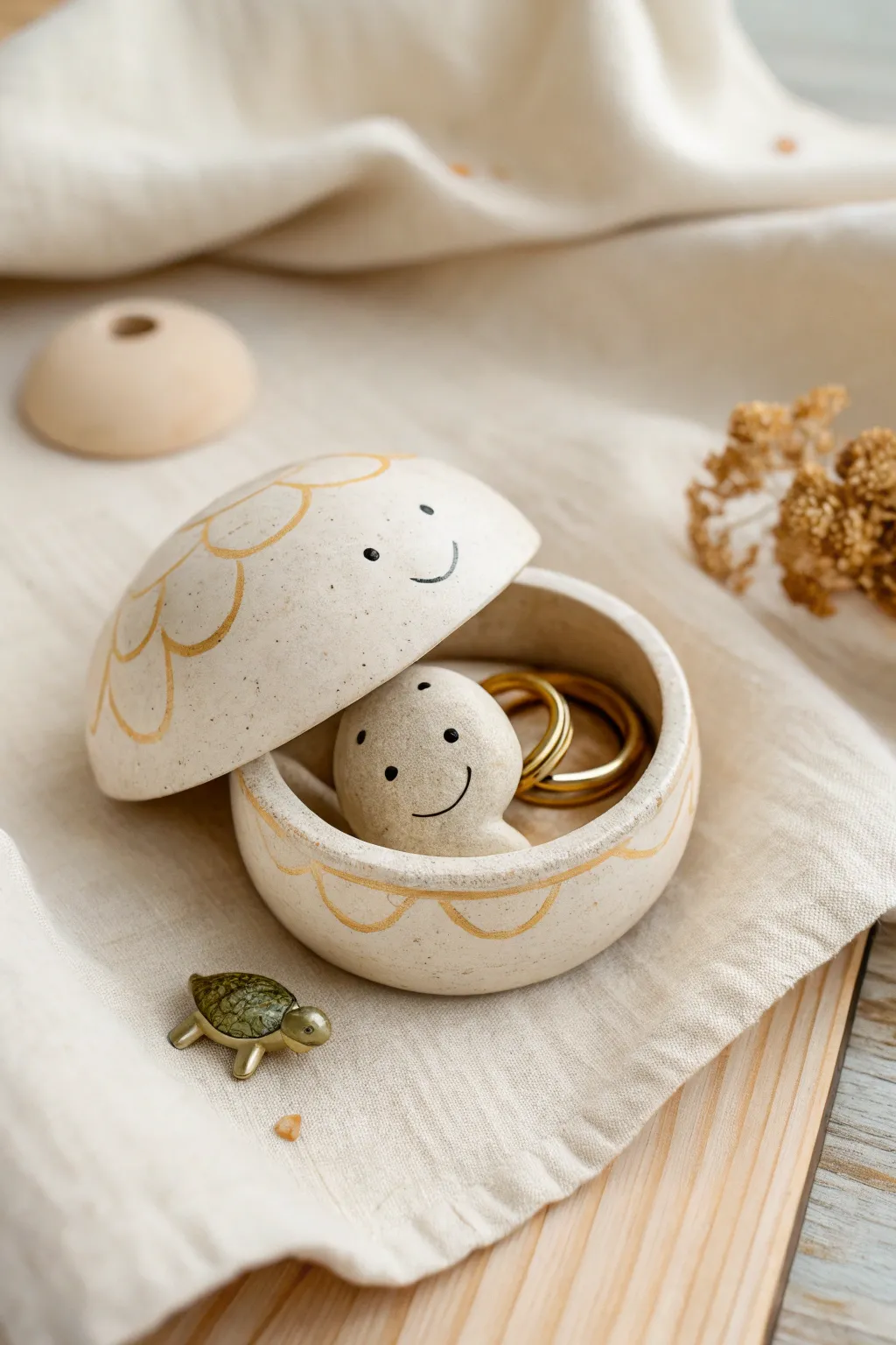 Tiny turtle trinket box with a lifting shell lid, slightly open to reveal a ring inside