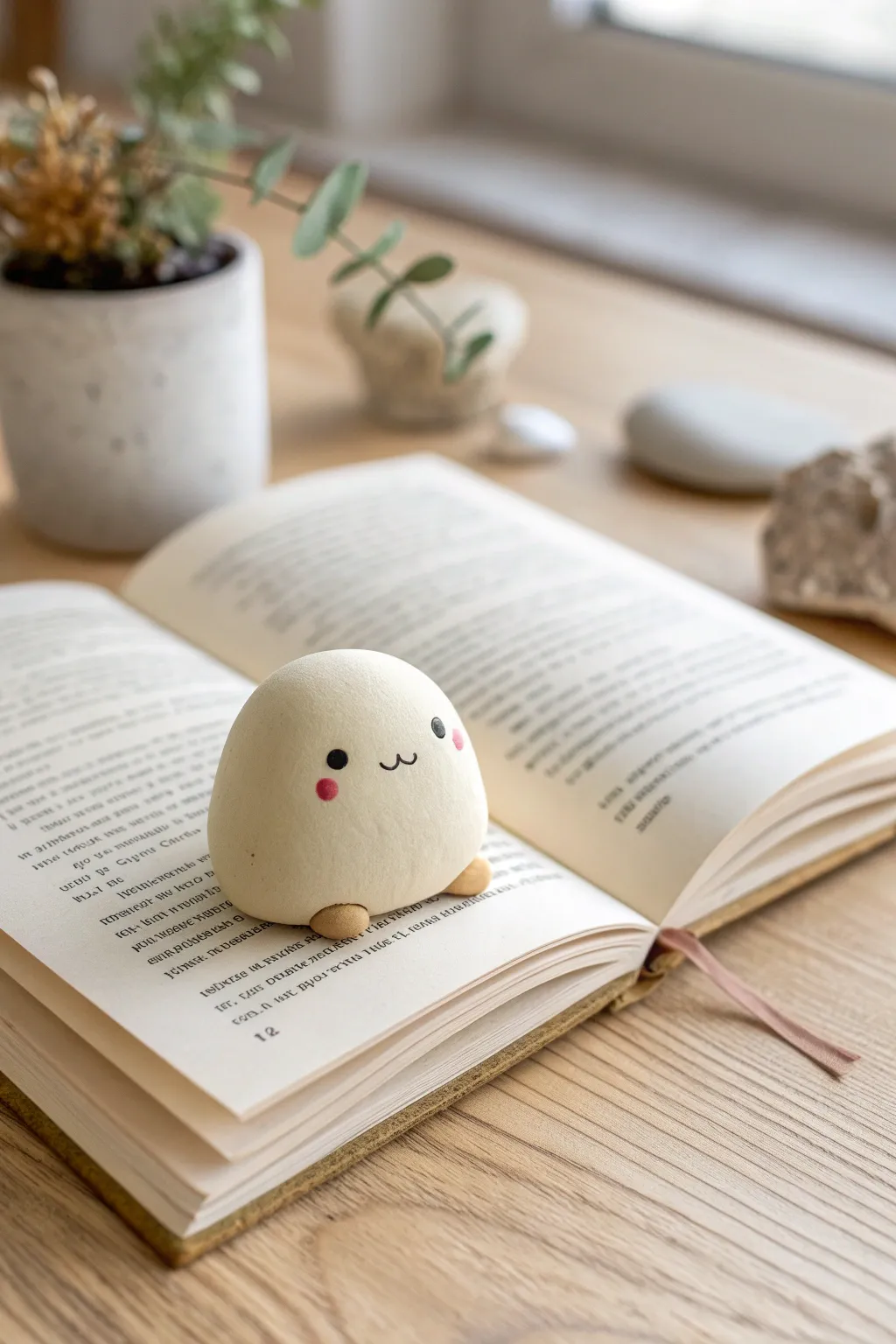 Cute air dry clay blob creature page holder, minimal Scandinavian styling with soft boho warmth.