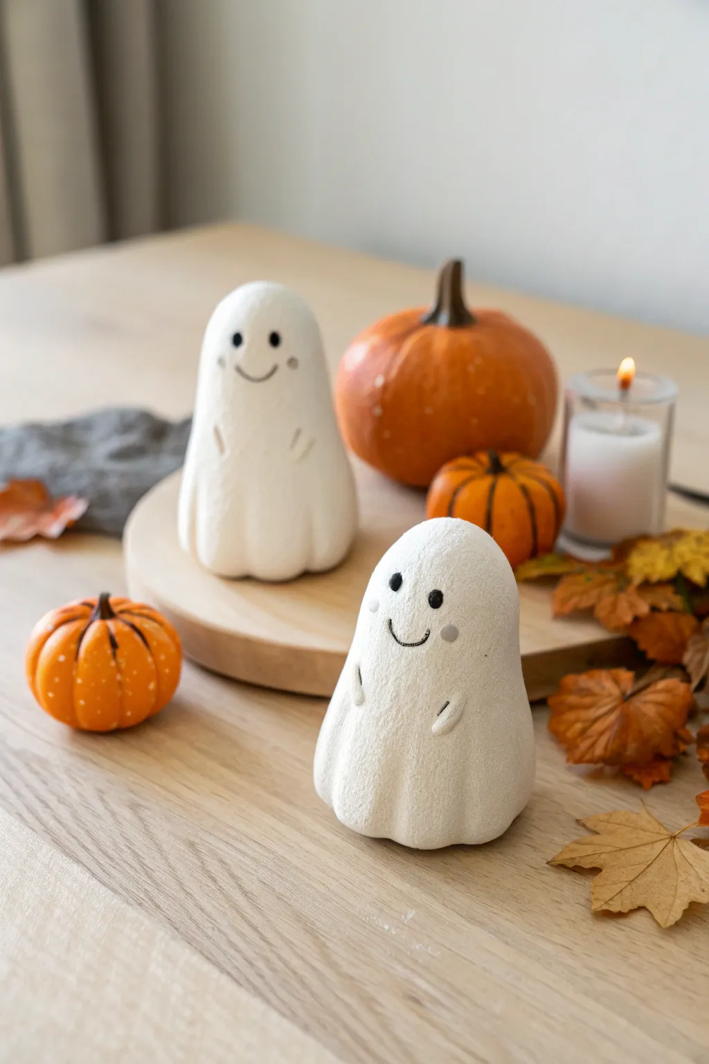 Spooky-cute tiny clay ghost duo with smiley mini pumpkins, perfect minimalist Halloween decor.