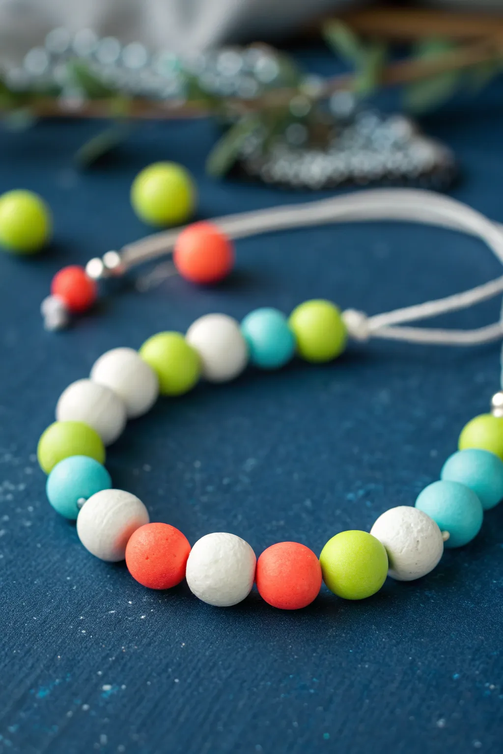 Night swim vibes: neon and white clay beads pop with bold contrast on deep blue