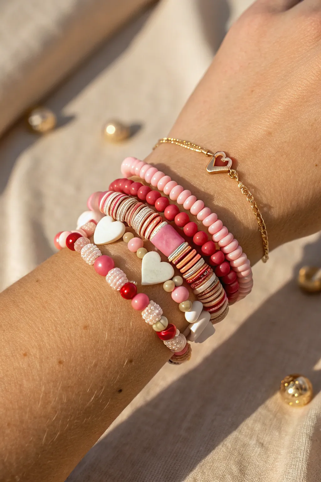 Cozy mismatch Valentines clay bead bracelet stack in pink, red, and white for an easy themed look.