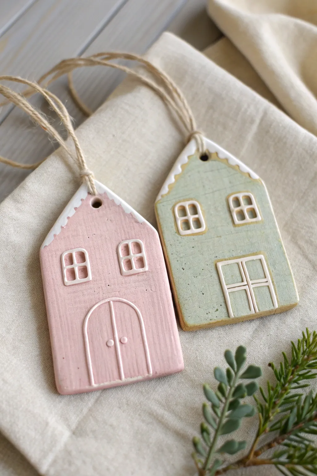 Sweet mini house facade duo ornaments in soft pastel glaze, simple and cozy for date-night crafts