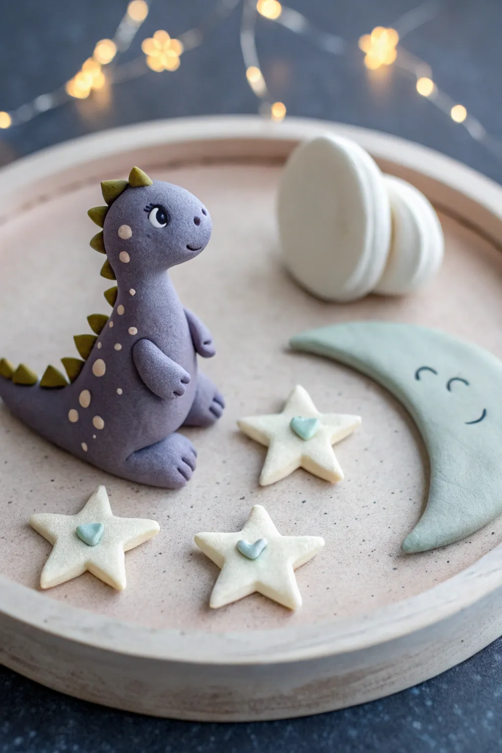 Dreamy glow-in-the-dark clay dino with moon and stars, simple shapes in a cozy night palette.