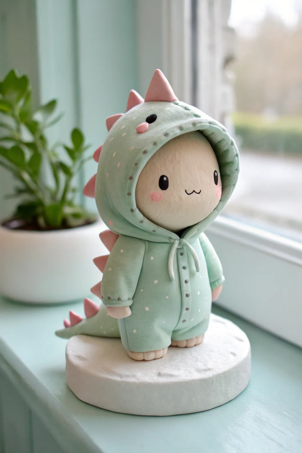 Kawaii dino in a hooded onesie costume, made from air dry clay in soft muted pastels
