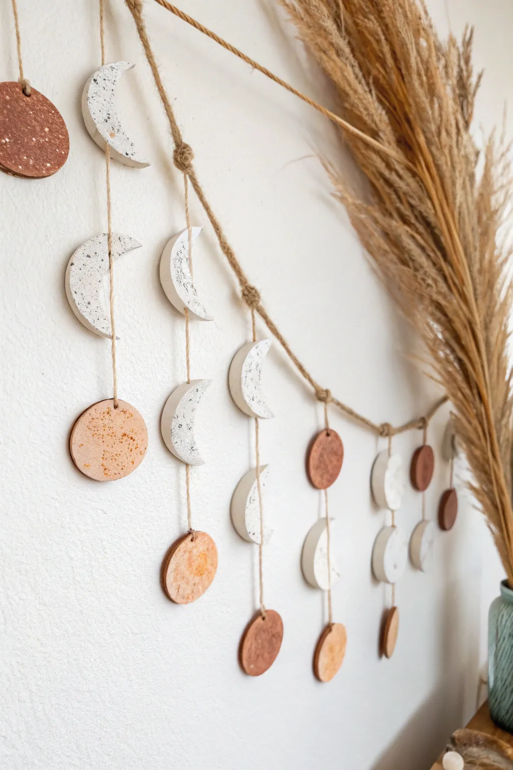 Minimal moon phase garland in air-dry clay, muted tones and soft shadows for calm boho vibes