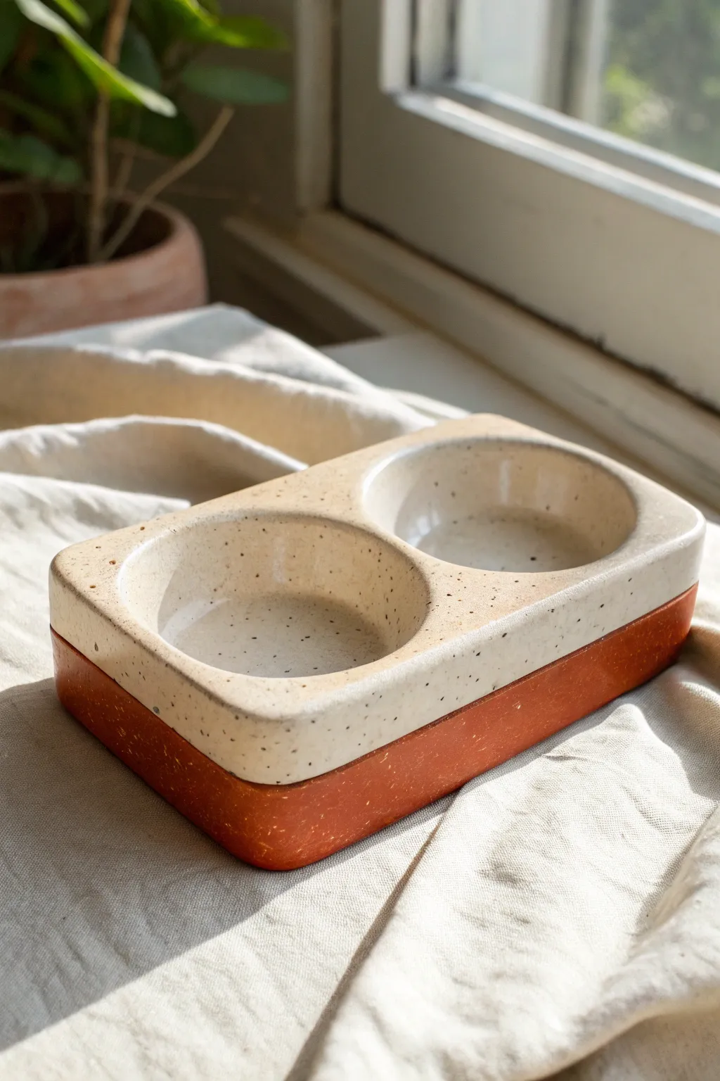 Mini stove inspired clay ashtray with playful burners, clean lines, and soft earthy color blocks