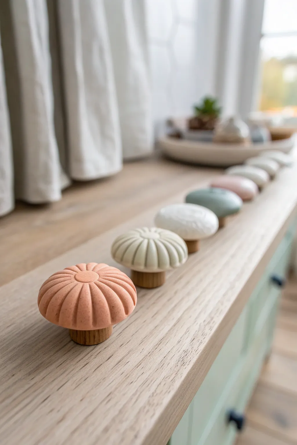 Minimalist DIY clay knobs in modern earthy tones, styled for a clean Scandinavian-boho look