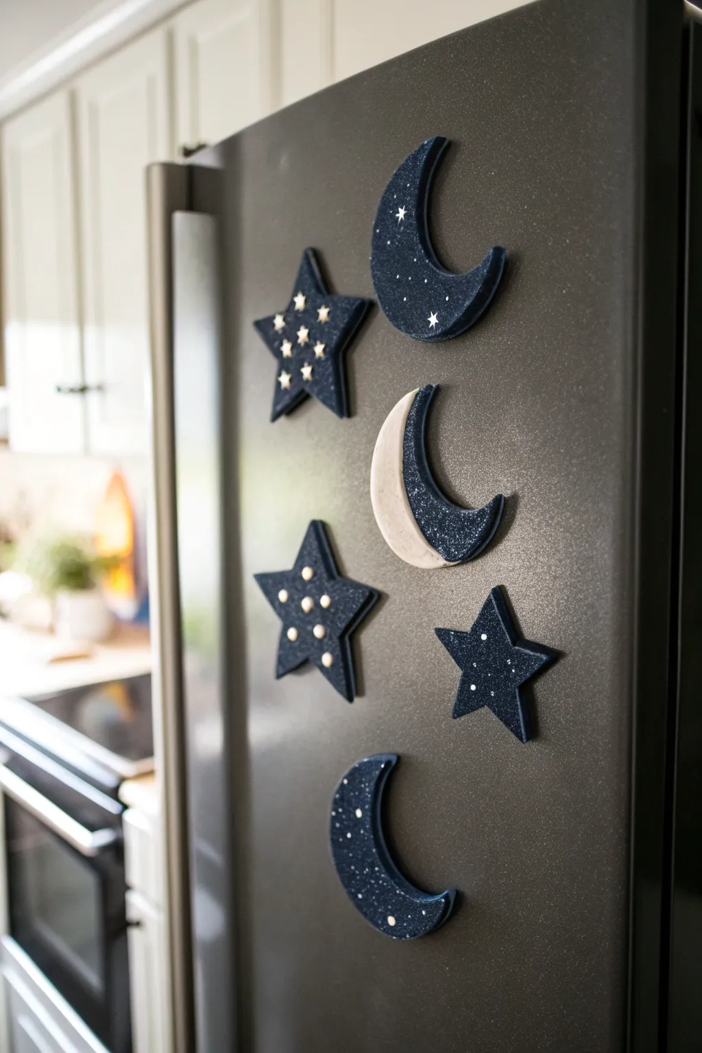 Night-sky clay moon and star magnets, speckled and minimal, glowing on a dark fridge
