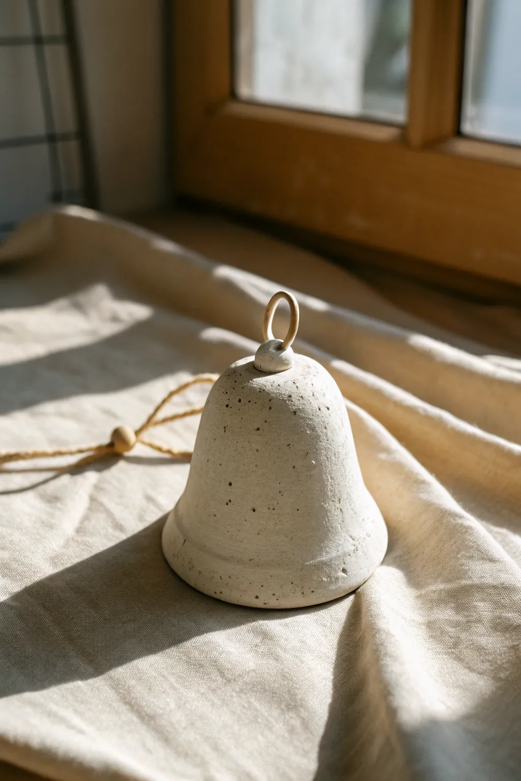 Matte white hollow clay bell ornament with linen backdrop, minimalist boho holiday charm.