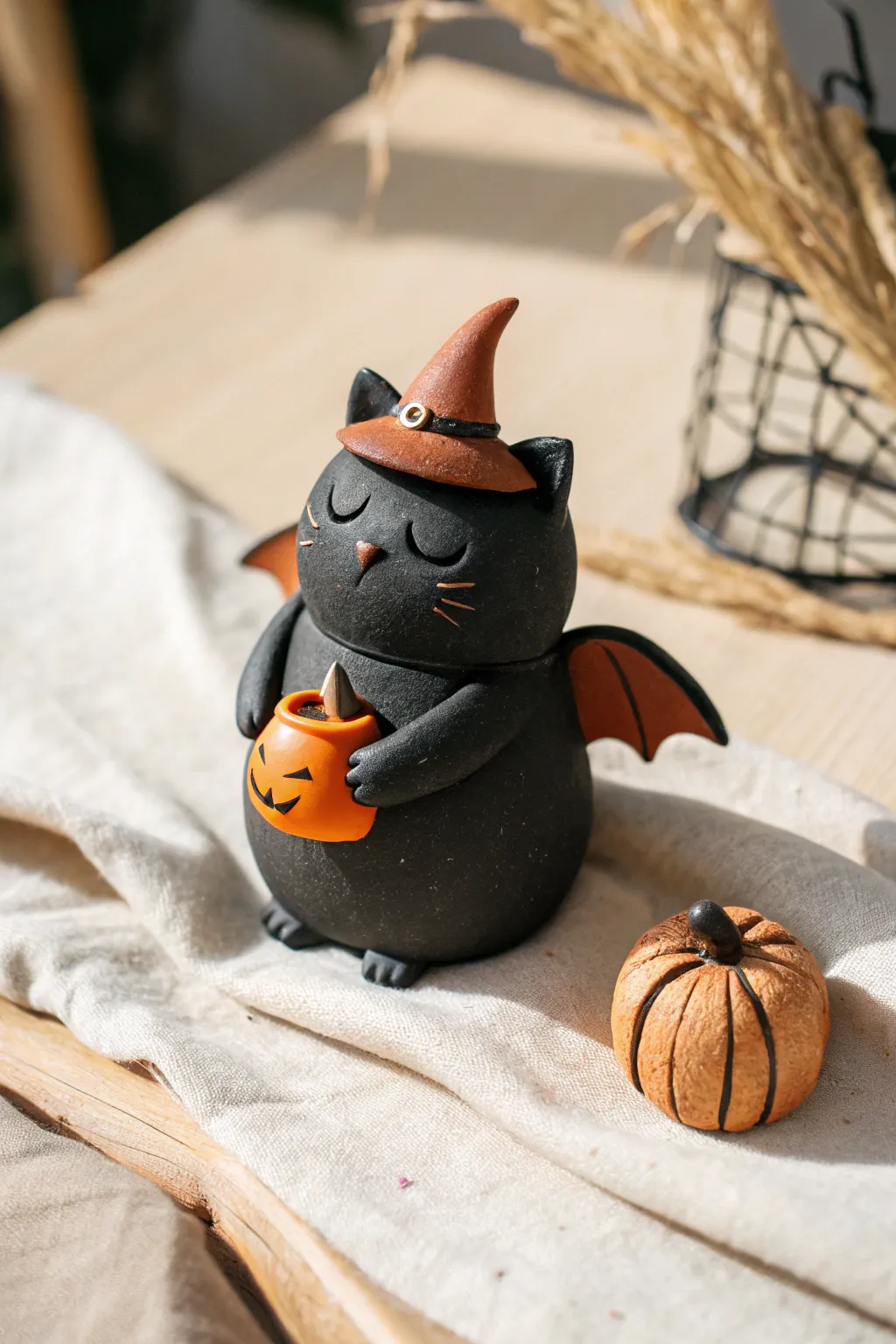 Minimalist Halloween clay hybrid: a bat-winged cat in a witch hat holding a tiny pumpkin.
