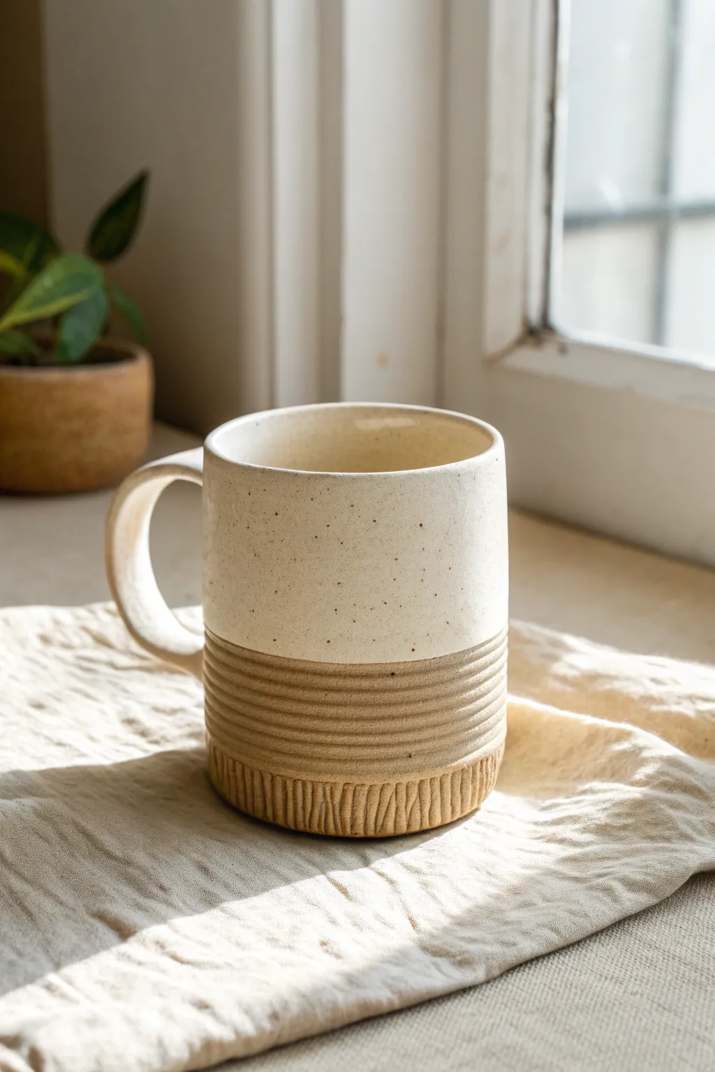 Simple DIY look: matte ceramic mug with ribbed polymer clay texture band in soft neutrals.