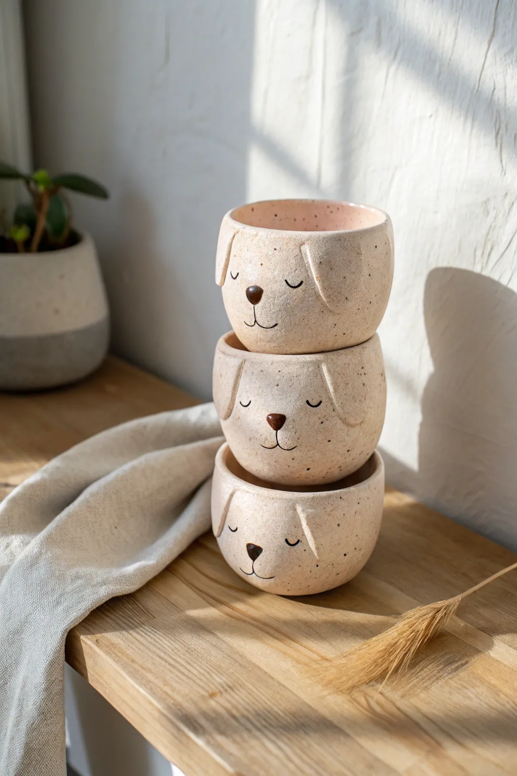 Stacked puppy pinch pots in warm earthy tones, a charming nesting set with minimalist boho vibes.