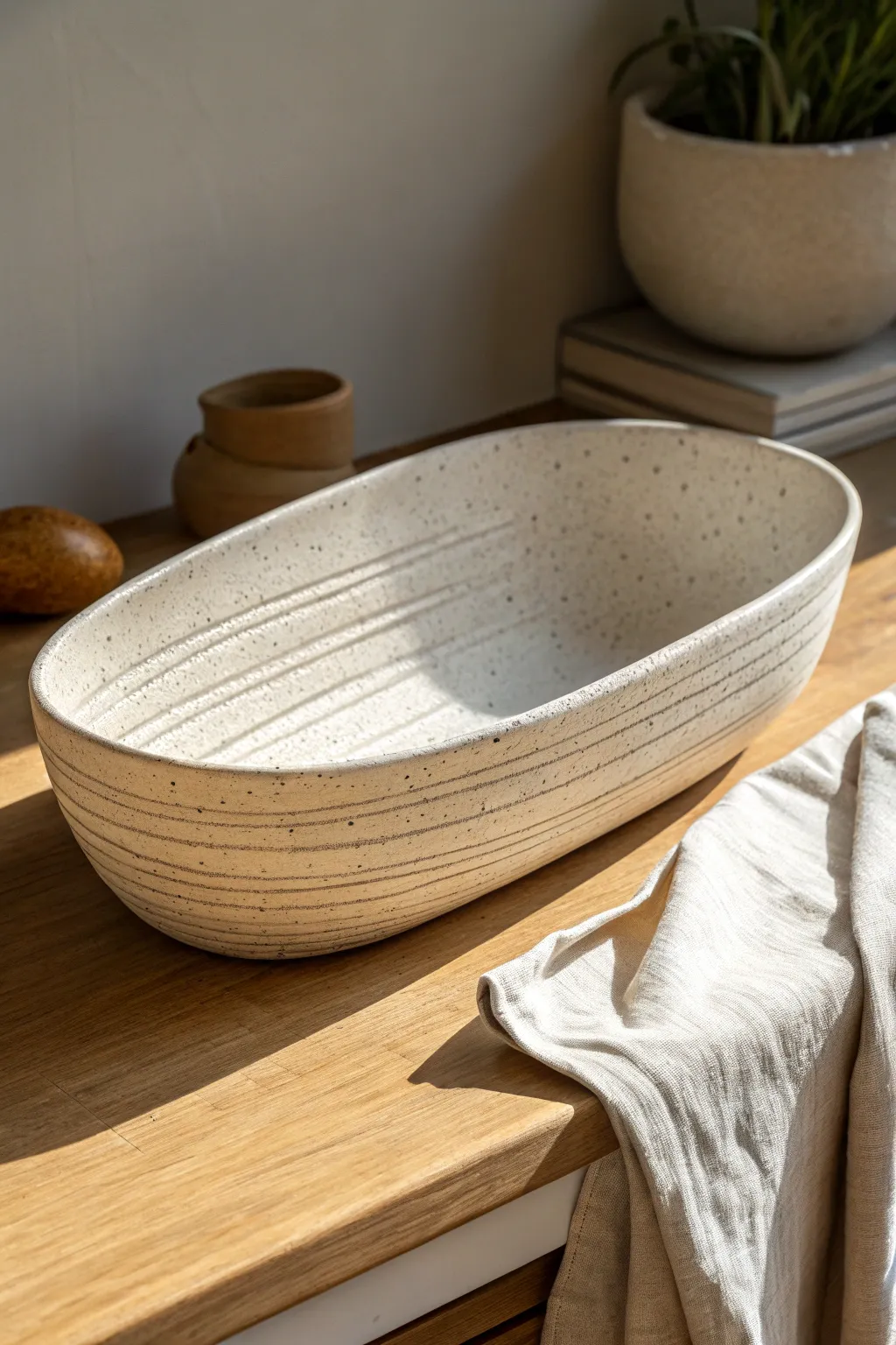 Double-hump drape centerpiece bowl with a clean minimalist silhouette and warm artisan texture