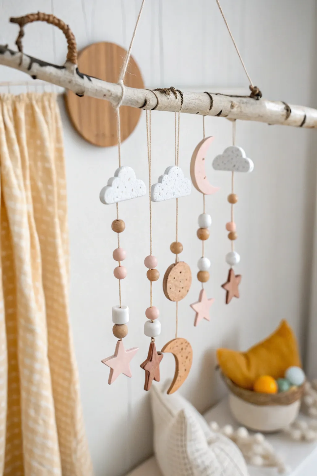 Bright pastel clay mobile with moons, clouds, and raindrops for a simple boho kids room