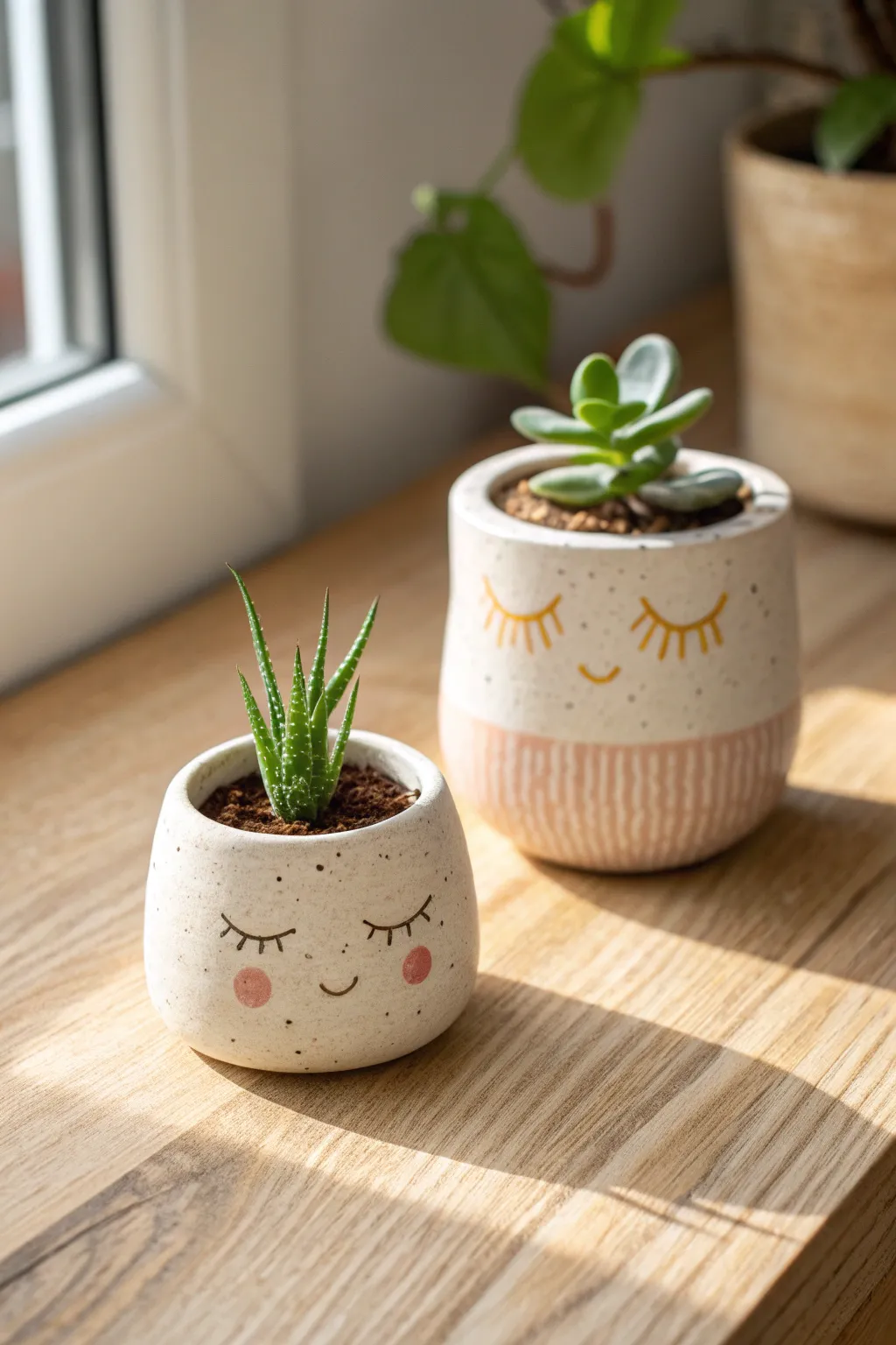 Sweet tiny clay planter duo with a smiling pot and a little sprout for cozy minimalist decor