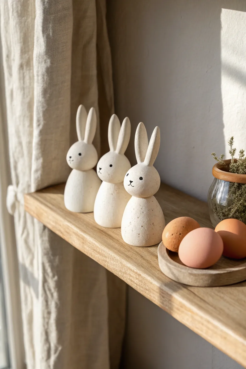 Chunky clay bunnies and oversized eggs as sweet Easter shelf sitters in a soft minimal style.