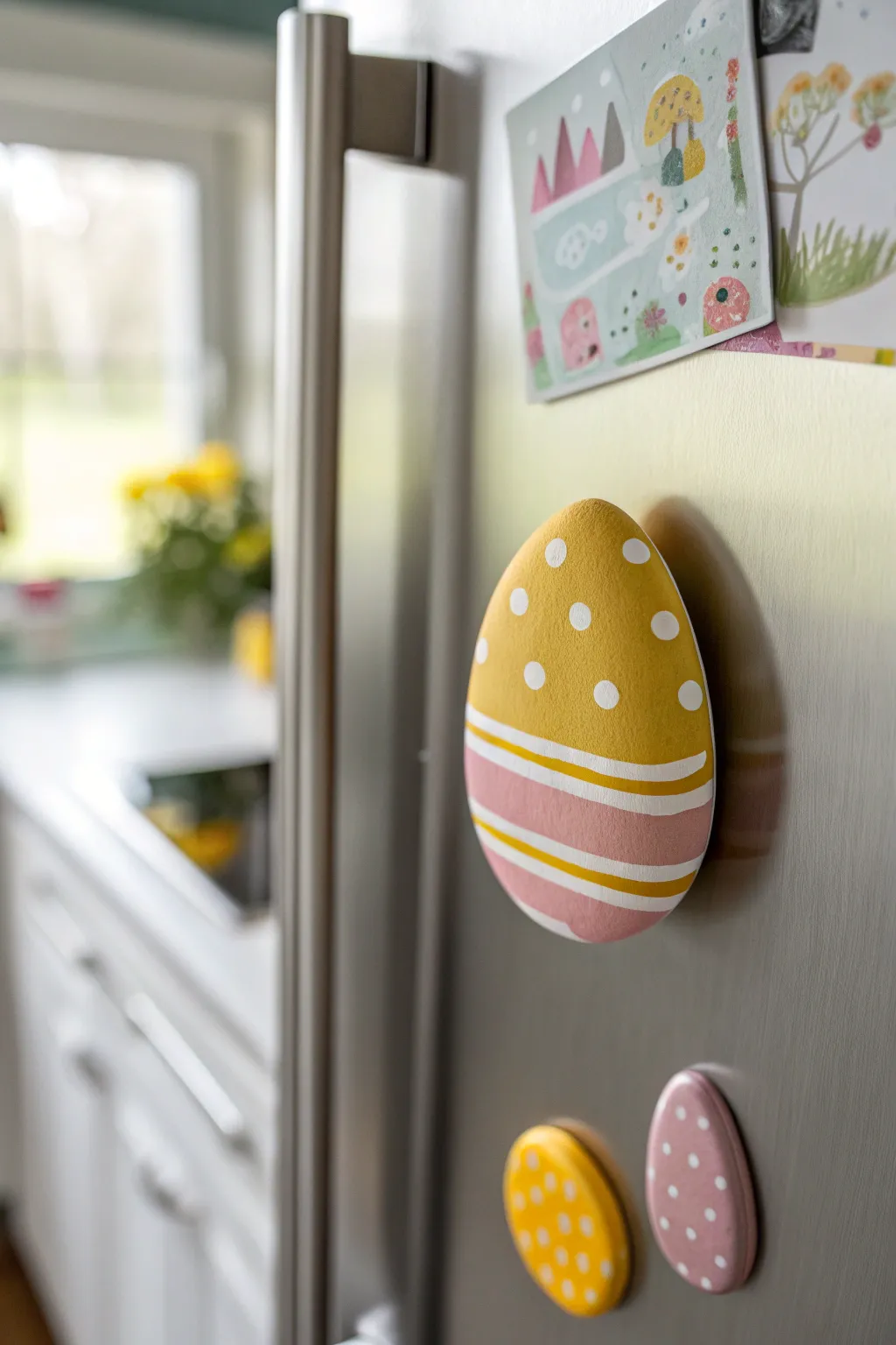 Bright clay egg magnets with playful stripes add kid-made Easter charm to a minimalist fridge.