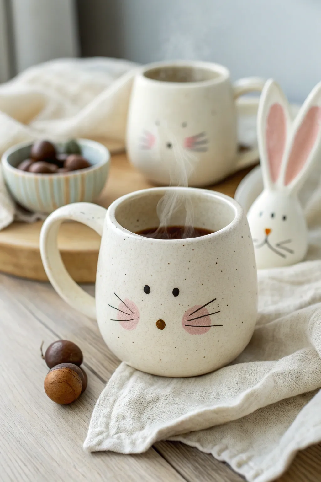 Minimal bunny face mug with soft glaze, cozy tea and chocolate eggs for Easter charm.
