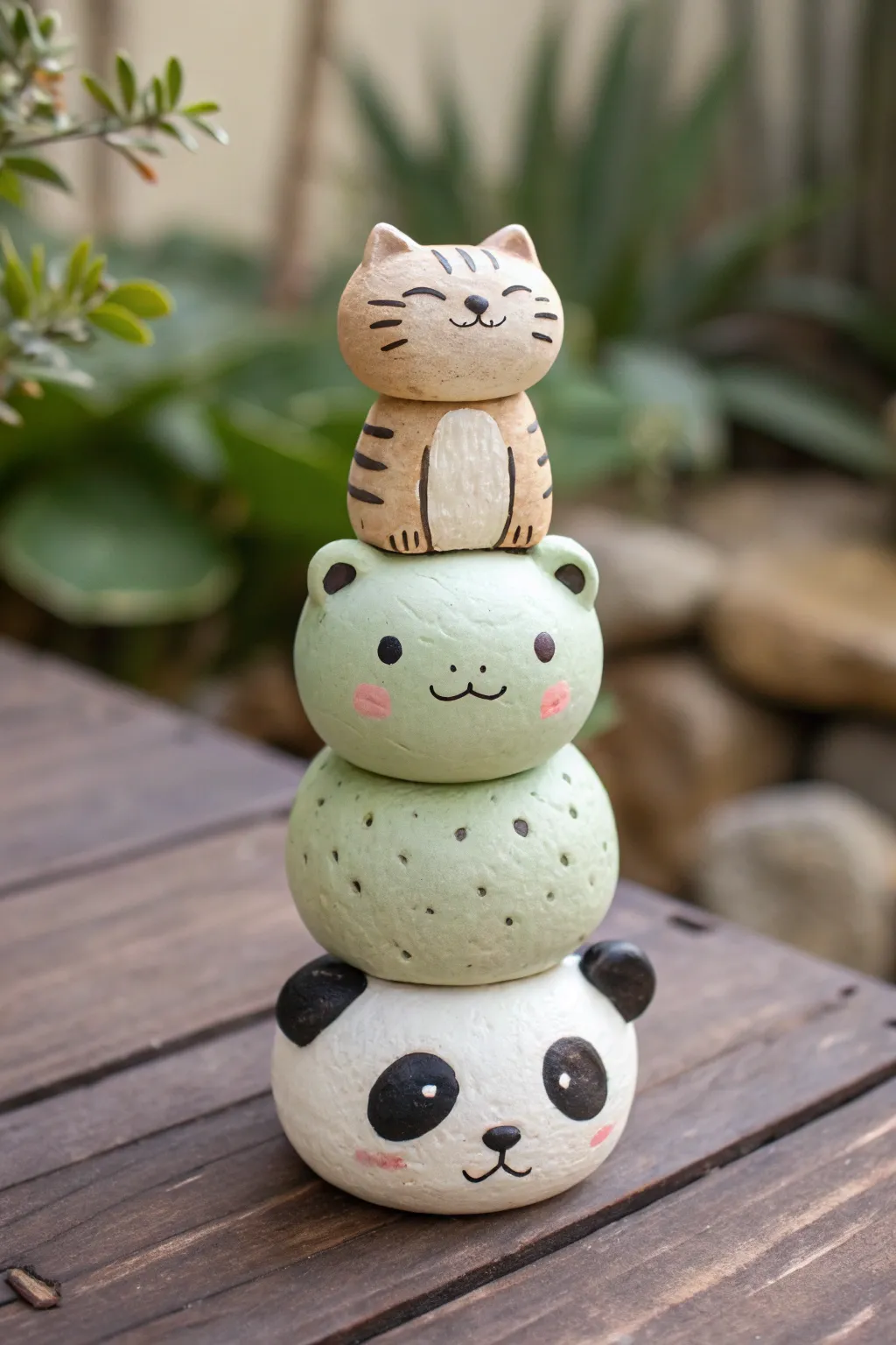 Playful stacked clay animal totem with simple faces and soft Scandinavian boho vibes