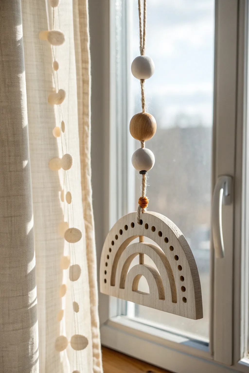 Minimal air dry clay sun catcher with geometric cutouts glowing softly in a bright window