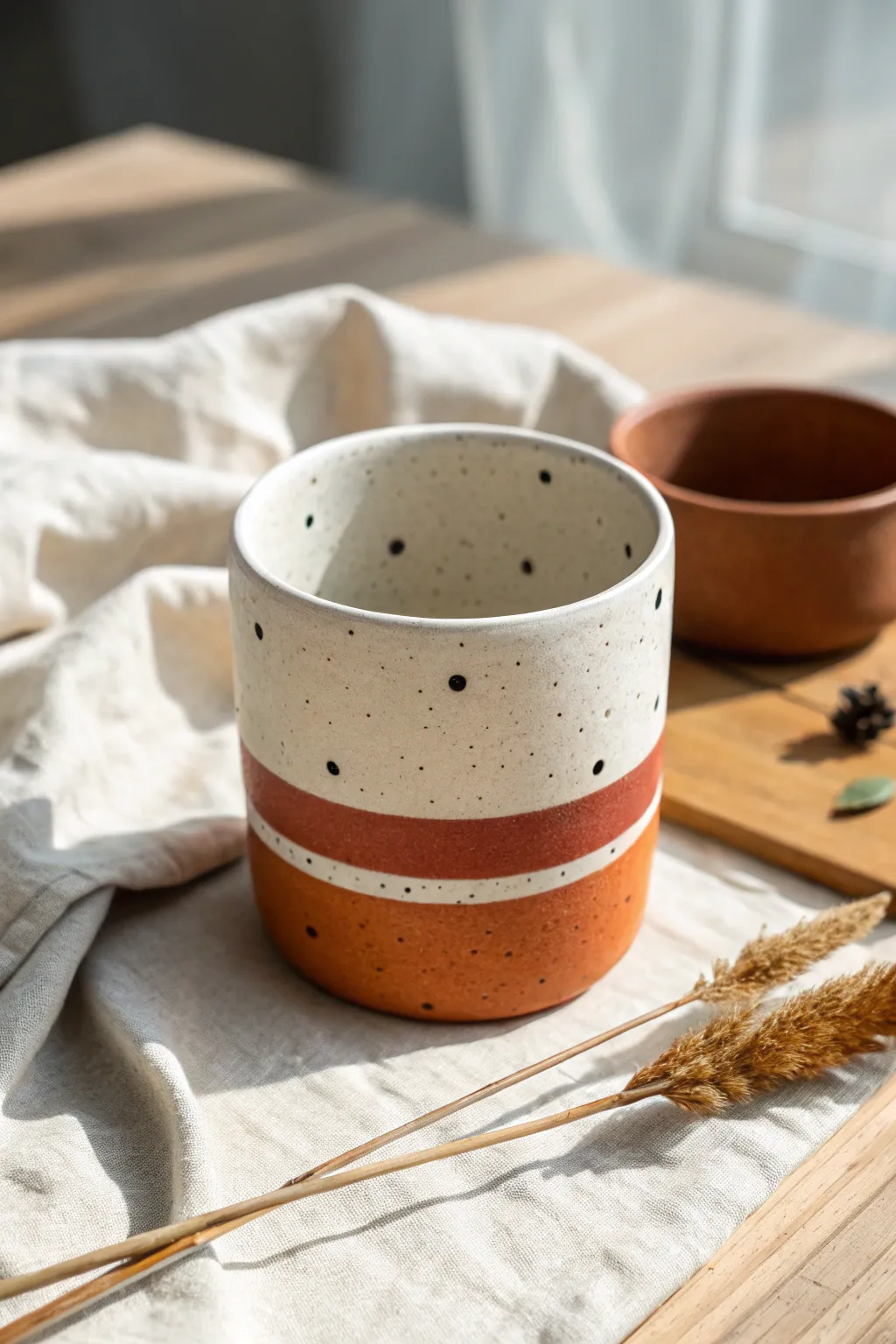 Minimal handmade cup with dots, stripes, and bold color blocking for easy ceramic design inspiration.