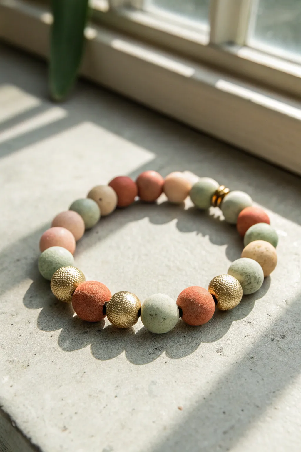 Chunky clay bead bracelet with bold metallic spacers for an easy modern boho statement.