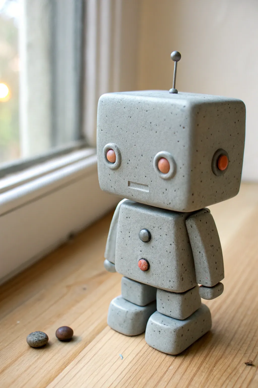 Cute blocky robot clay bobblehead with a simple antenna and painted buttons, ready to display.