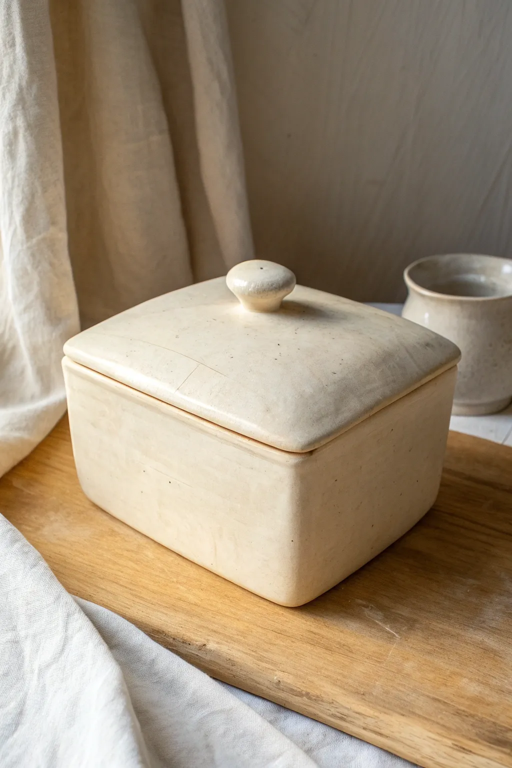 Soft puffed clay box with a simple knob lid, minimal and cozy with handcrafted charm