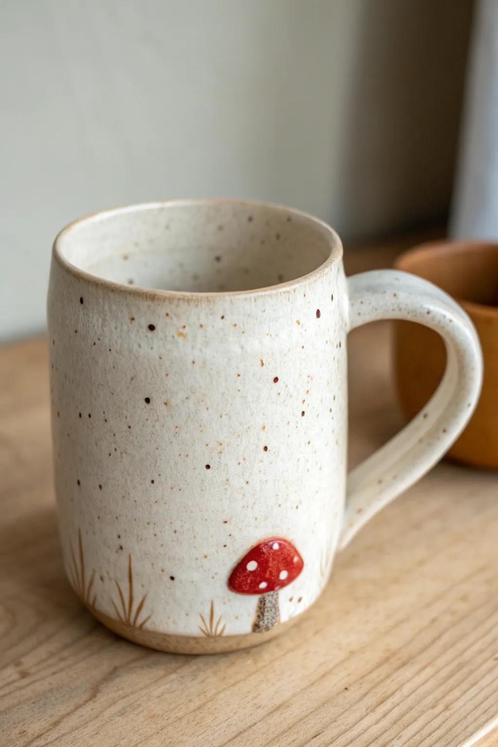 Mushroom accent mug, an easy clay cup idea with cozy woodland charm and Scandinavian simplicity.
