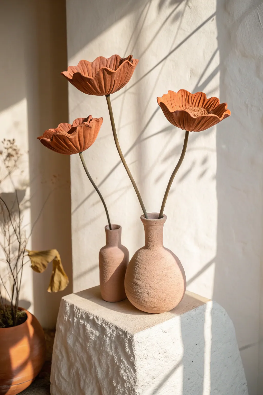 Abstract wavy-petal clay flowers in terracotta, a simple sculptural bloom set to copy at home