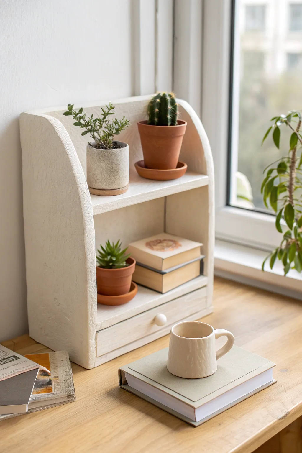 Mini clay shelf vignette with tiny plant, blank books, and mug in calm neutral tones.