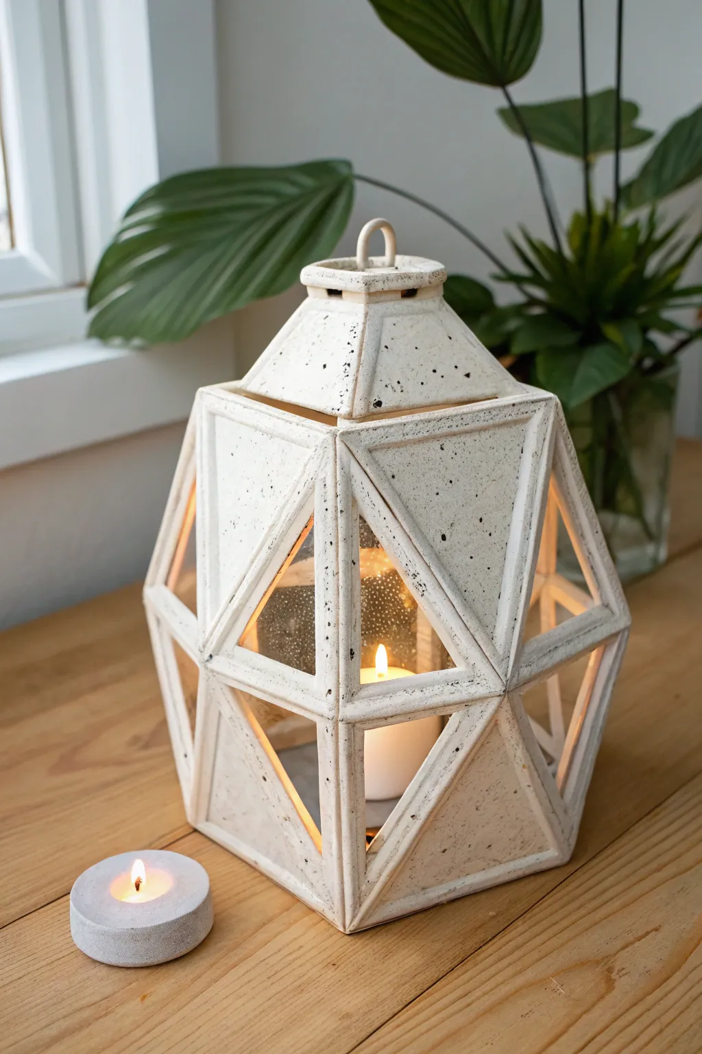 Modern faceted clay lantern with geometric cutouts, soft glow and minimalist boho charm