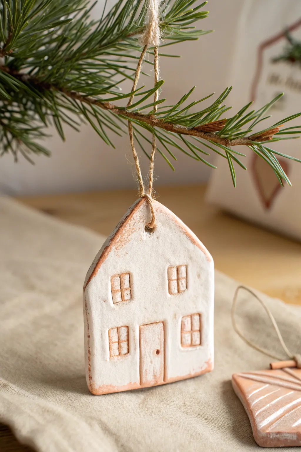 Minimal clay village house ornament on evergreen, softly painted for a cozy Scandinavian holiday look.