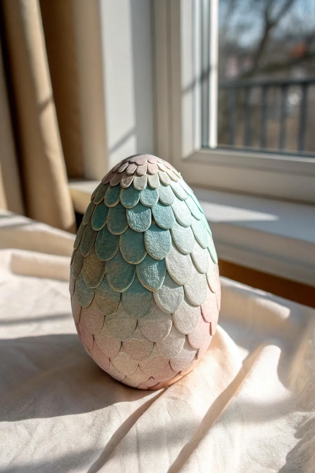 Simple clay dragon egg with shimmery scales and a cracked top, perfect for easy kid crafts