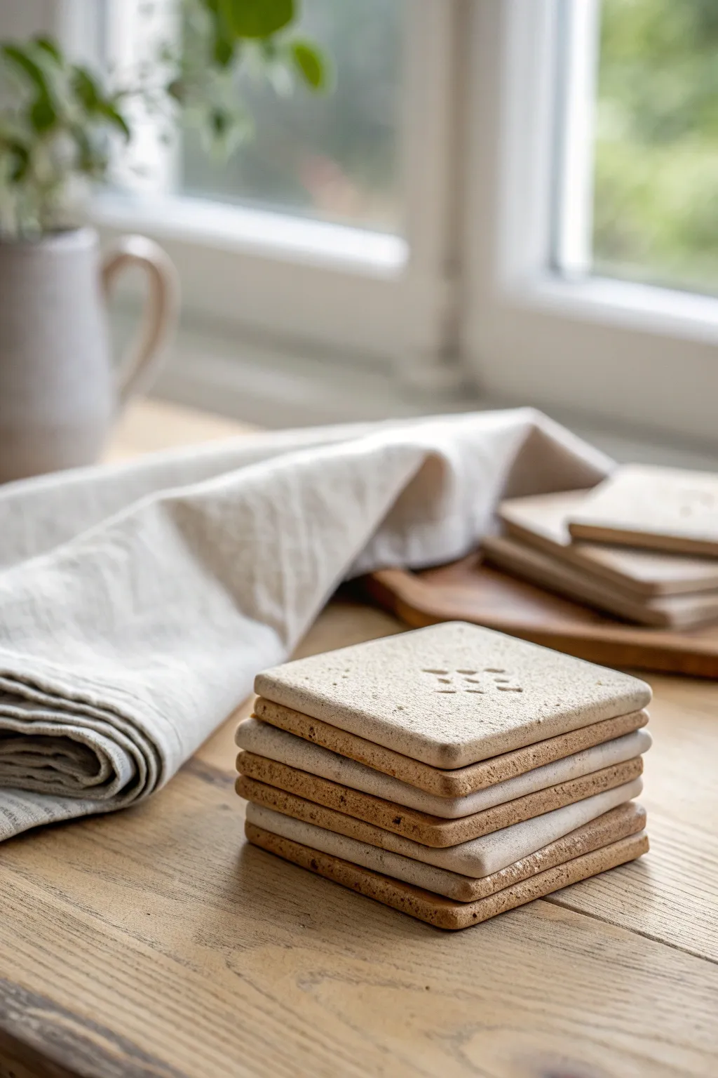 Build your stamped texture library with calm, marked clay test tiles in a tidy stack.