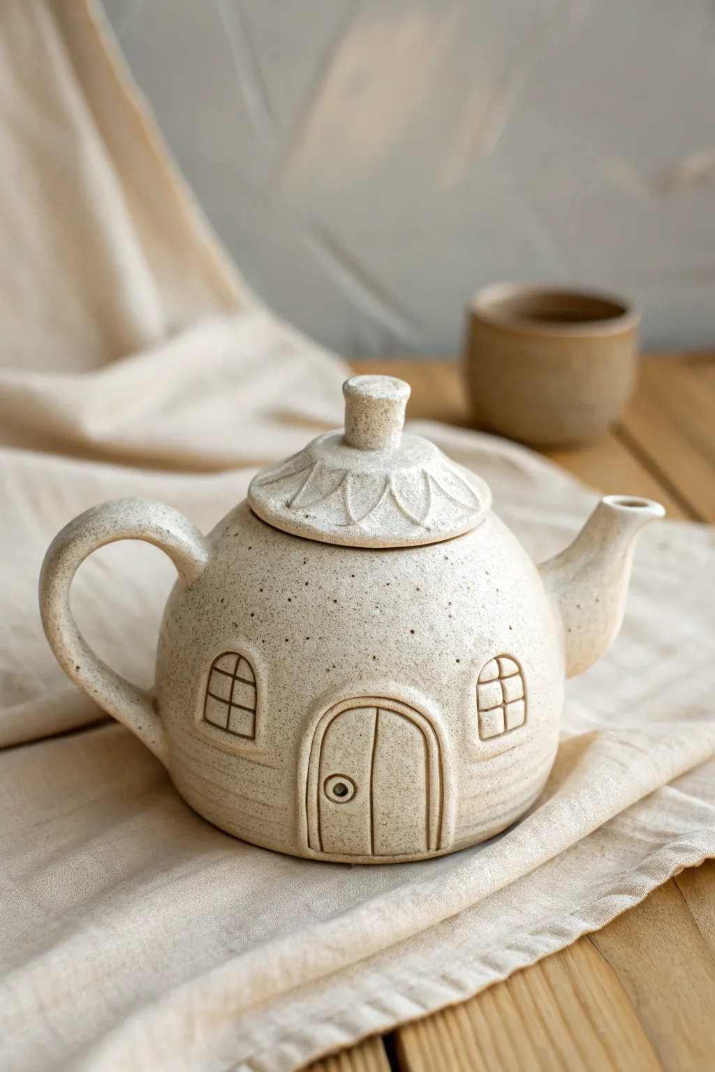 Fairy cottage teapot in soft stoneware tones, minimalist yet storybook charming.