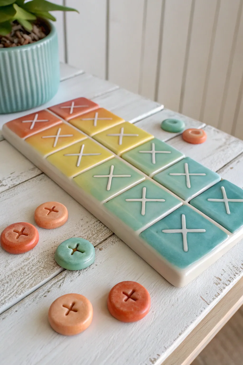Rainbow gradient tic tac toe board with warm vs cool clay pieces, minimalist, cheerful, and easy to make.