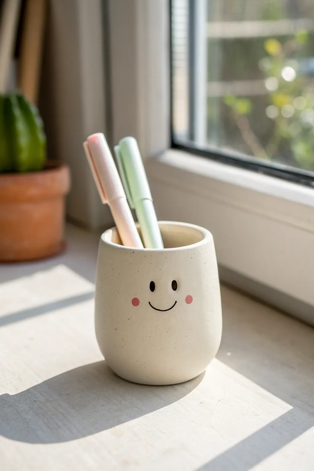 Sweet air dry clay desk buddy pen cup with a happy face and tiny hugging arms