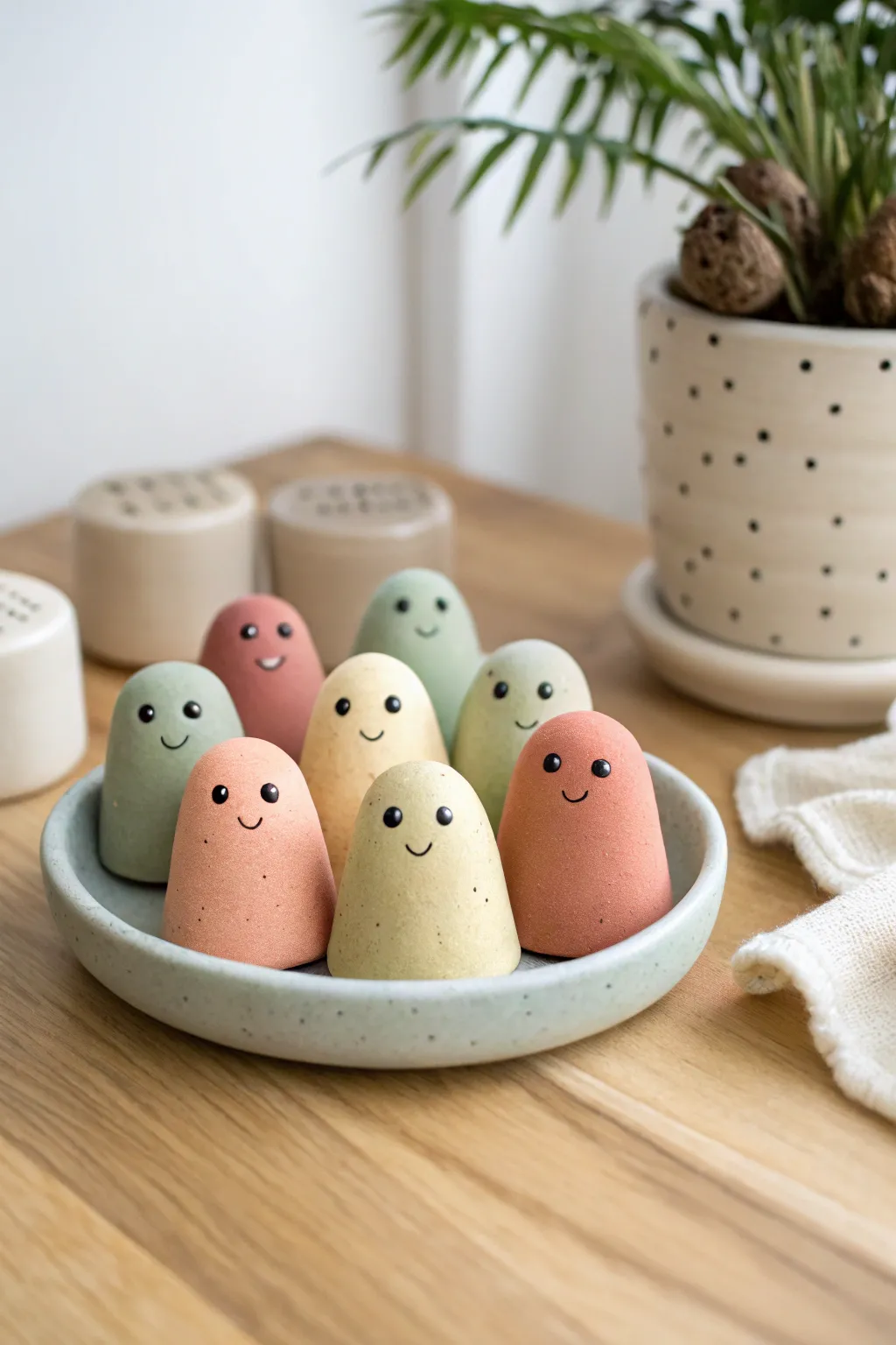 One-shape blob monsters in earthy pastels, a fast cute clay idea that shines as a tiny collection.