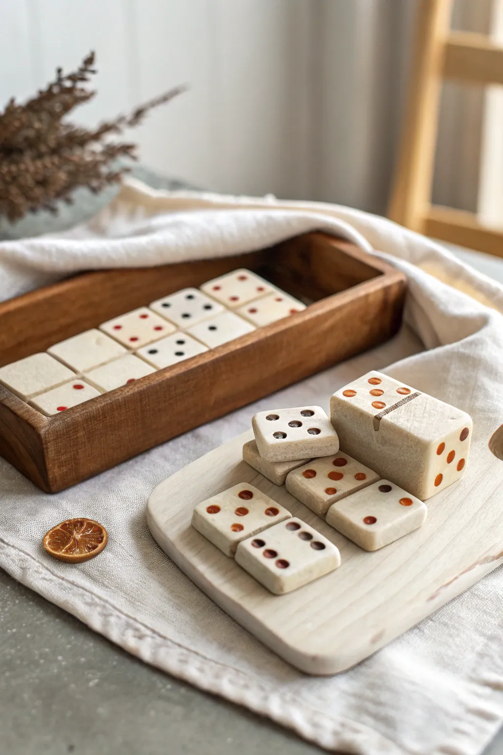 Mini clay domino tiles in soft neutrals, a simple DIY game set with cozy minimalist charm.
