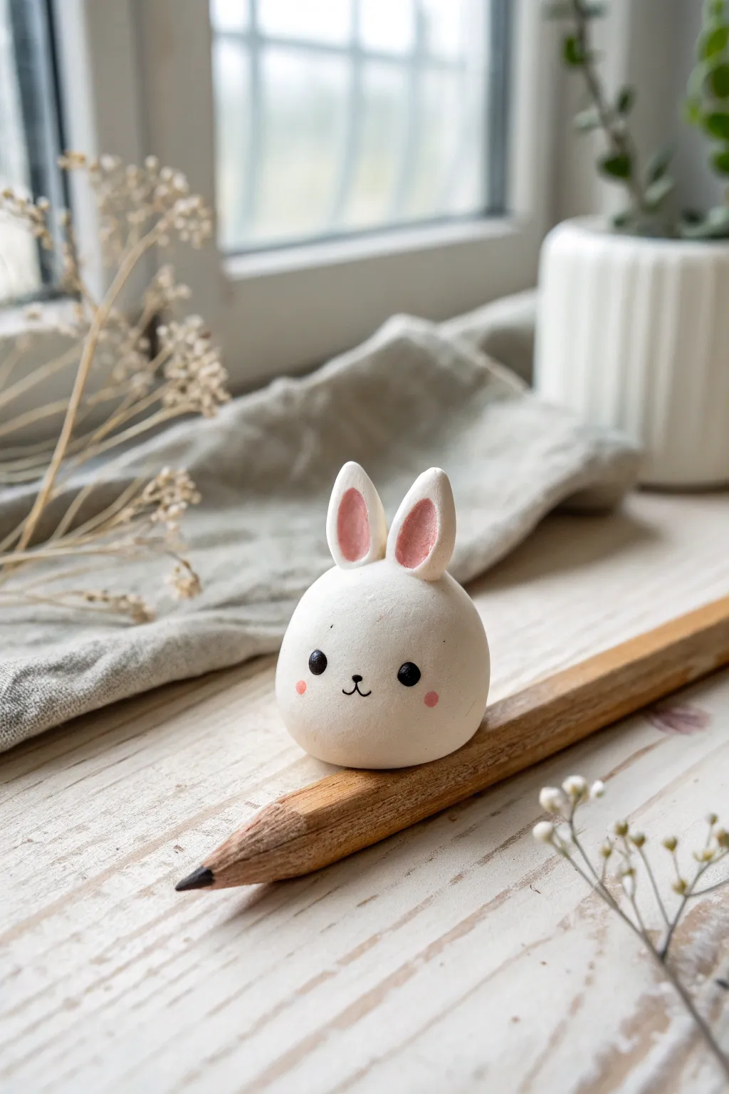 Adorable blob bunny pencil topper in neutral clay, minimal and cute for an easy DIY finish.