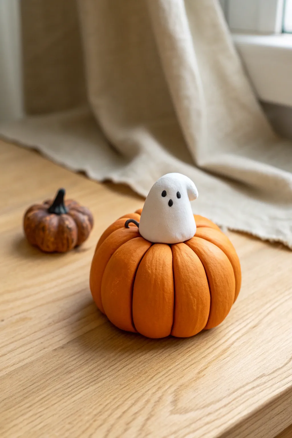 Cozy Halloween charm: a chubby ghost peeking from a tiny pumpkin, simple and adorable.