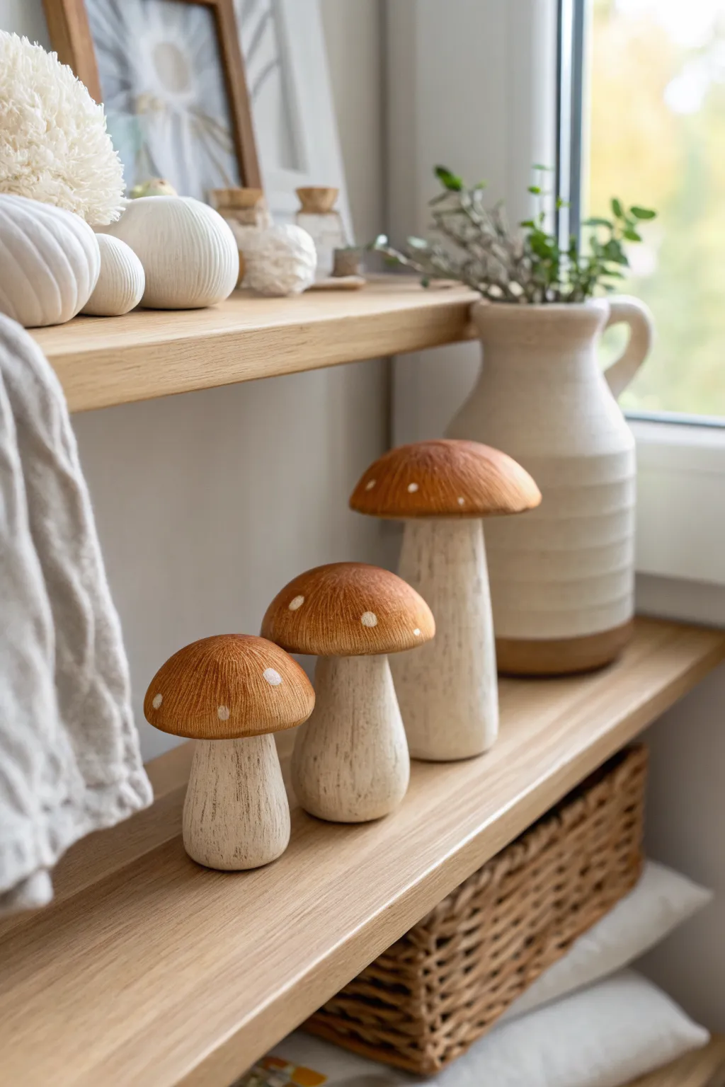 Tiny clay mushrooms bring cozy Scandinavian calm to your shelf with a soft boho touch.